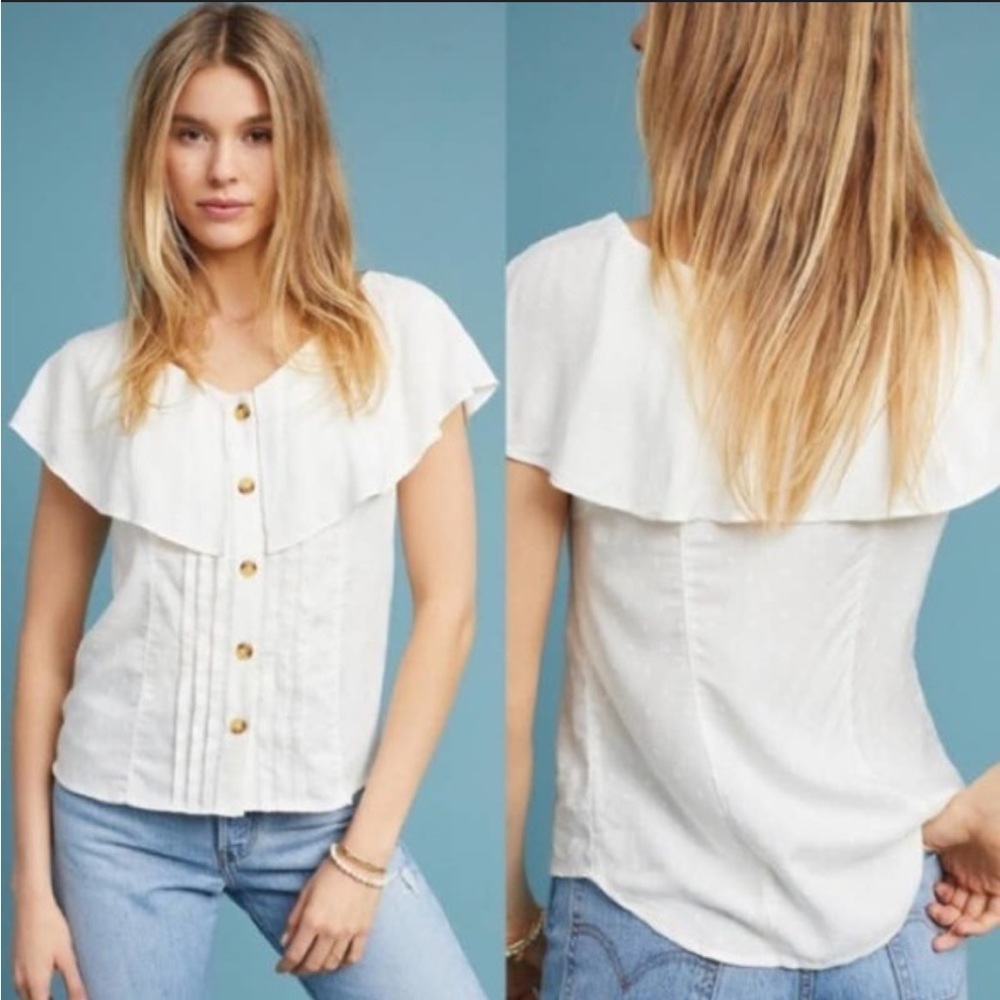 Anthropologie Maeve Womens Eloise Cream Button Up Pleated Ruffle Blouse